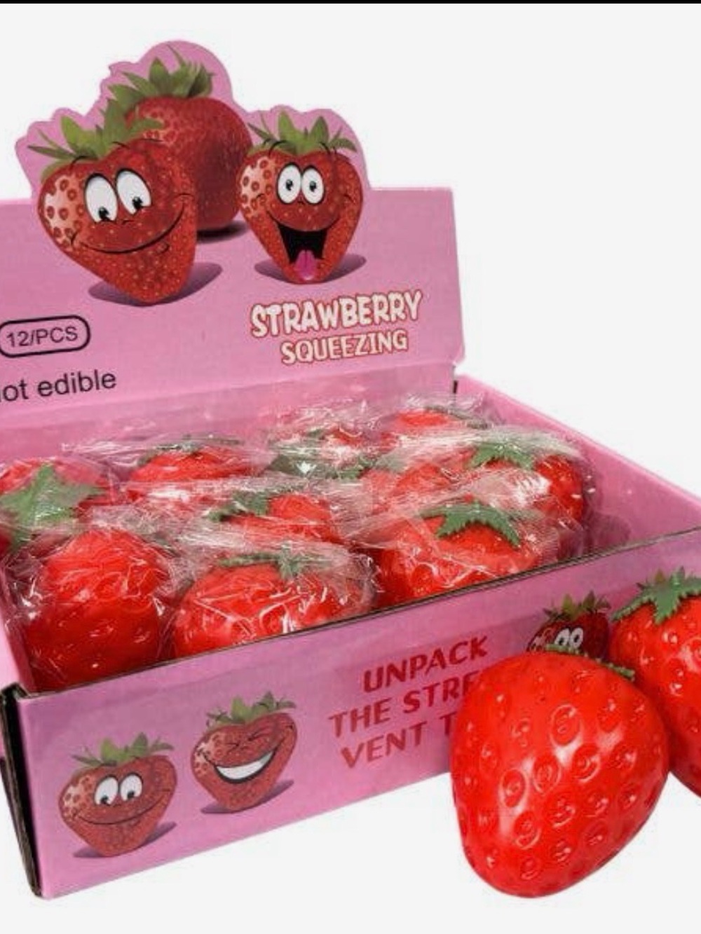 Strawberry Squeezing Stress Toy - Red with Green Leaf Detail 12 pieces full box